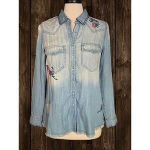Jachs Girlfriend Denim Shirt‎ Embroidered Lyocell Western Snap Front Sz S Boho
